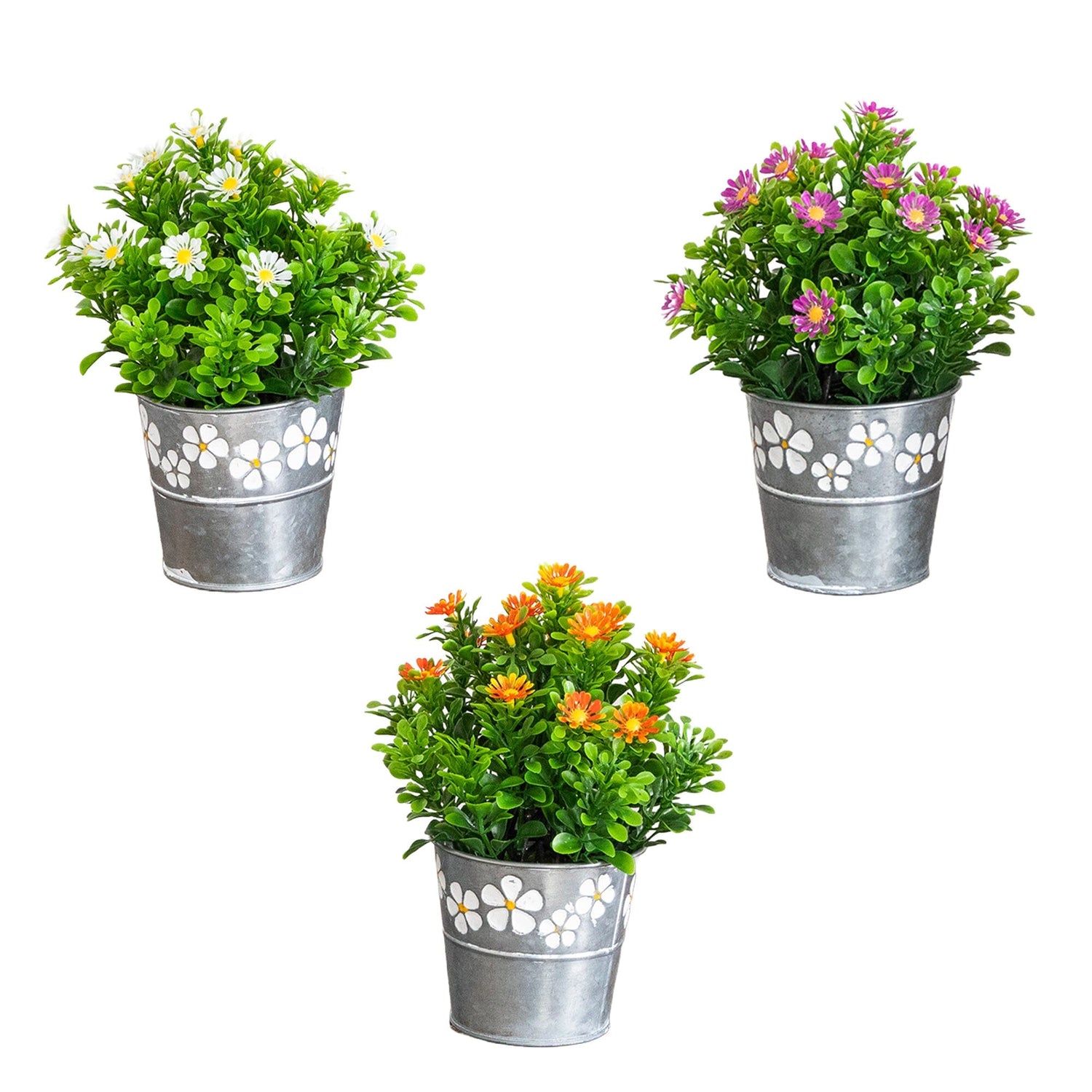 8” Artificial Daisy Plant in Decorative Daisy Tin Planter -Set of 3