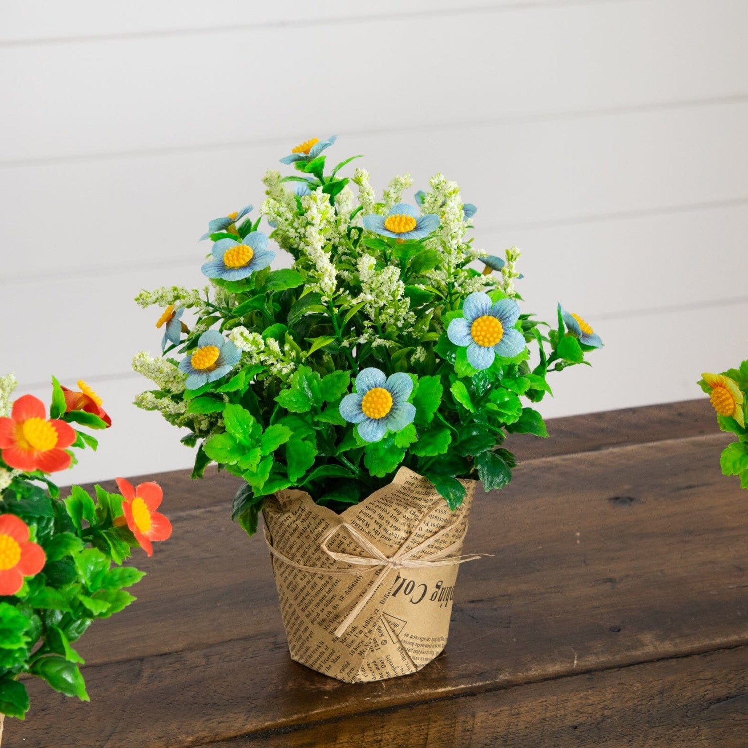 8" Artificial Daisy Plant in Newspaper Wrapped Planter -Set of 3