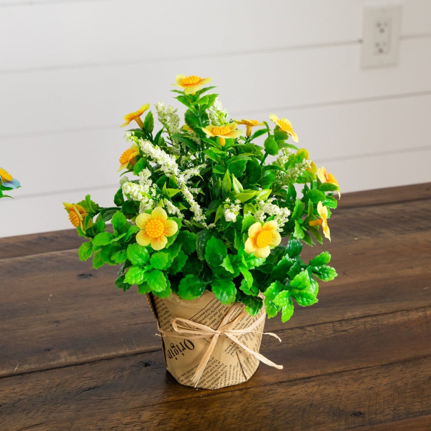 8" Artificial Daisy Plant in Newspaper Wrapped Planter -Set of 3