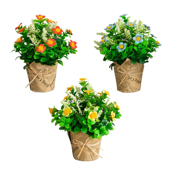 8" Artificial Daisy Plant in Newspaper Wrapped Planter -Set of 3