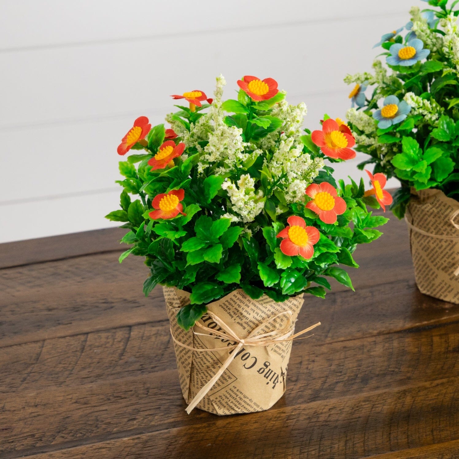 8" Artificial Daisy Plant in Newspaper Wrapped Planter -Set of 3