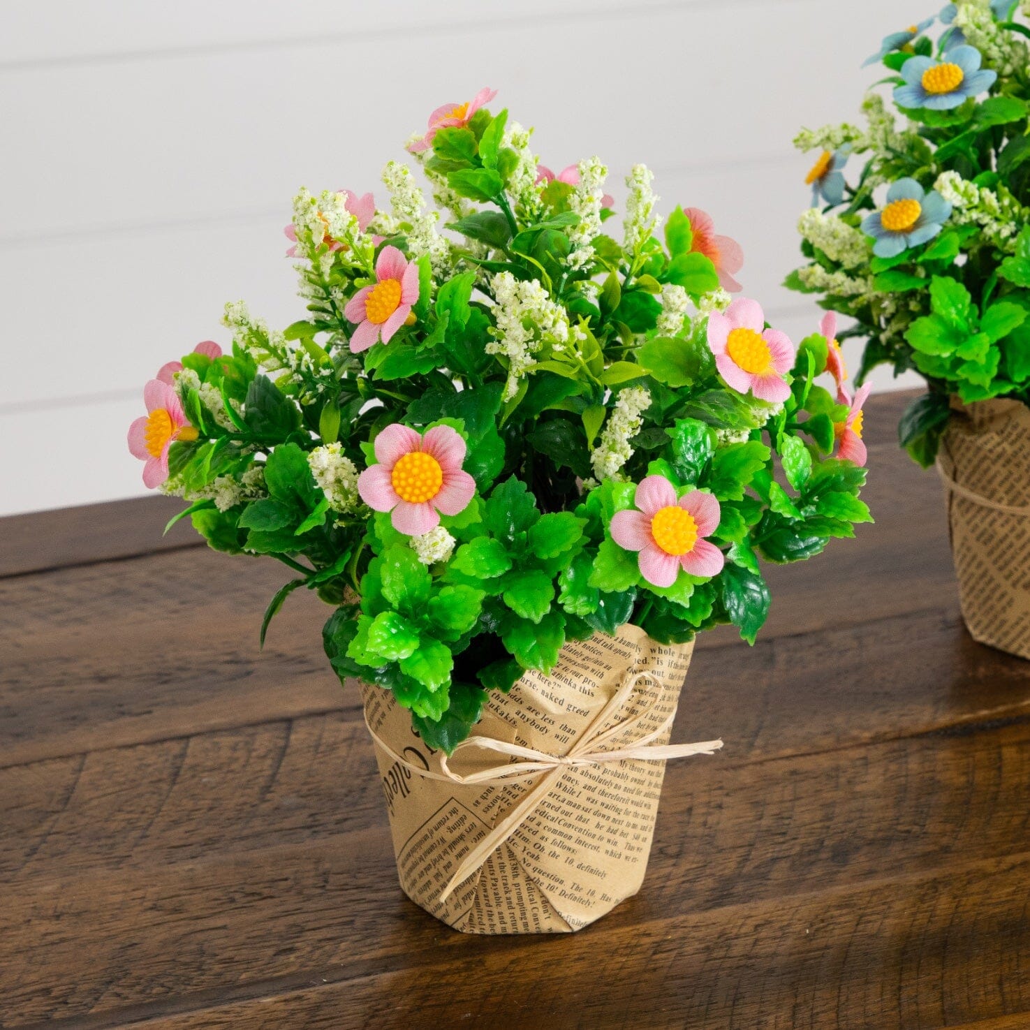 8" Artificial Daisy Plant in Newspaper Wrapped Planter -Set of 3