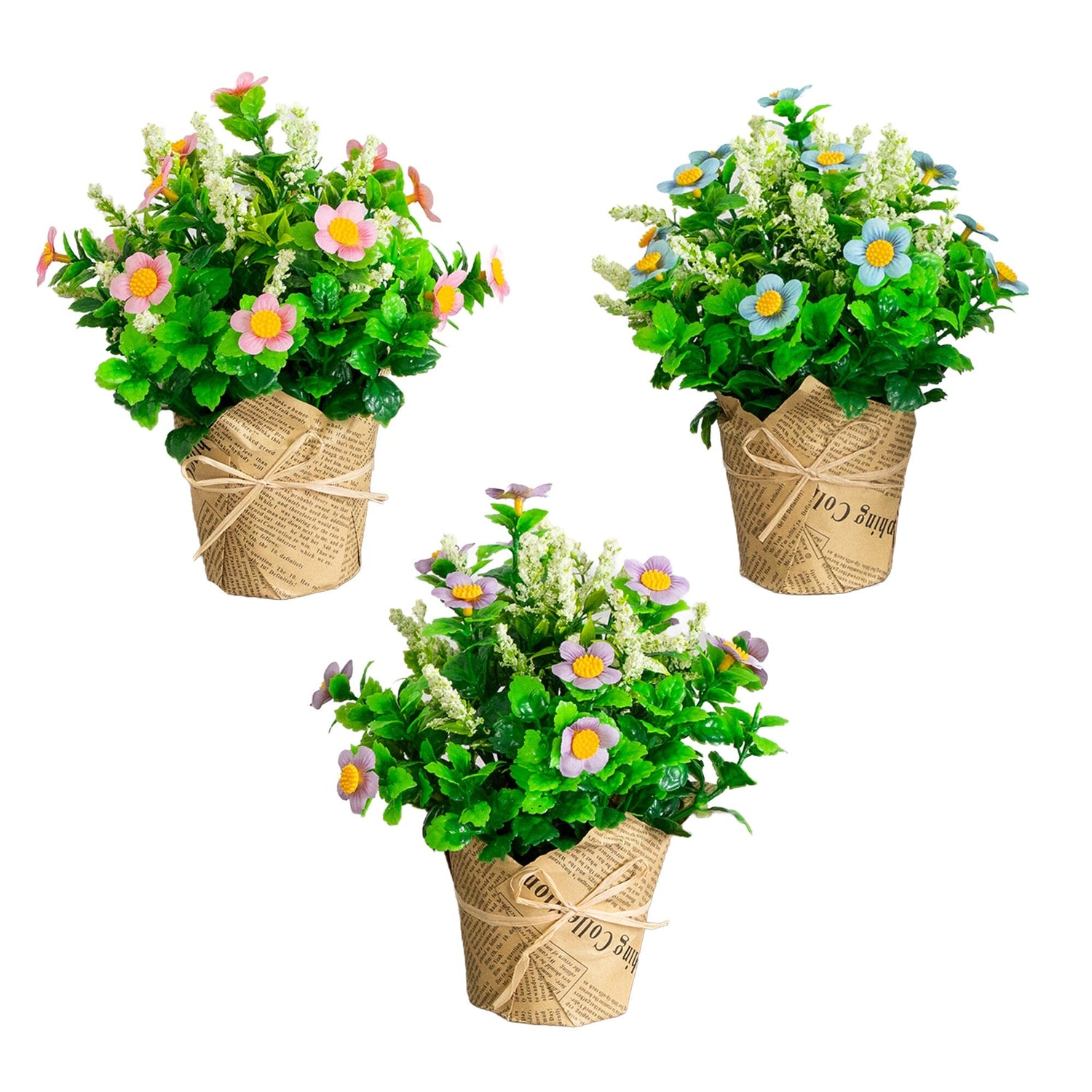 8" Artificial Daisy Plant in Newspaper Wrapped Planter -Set of 3