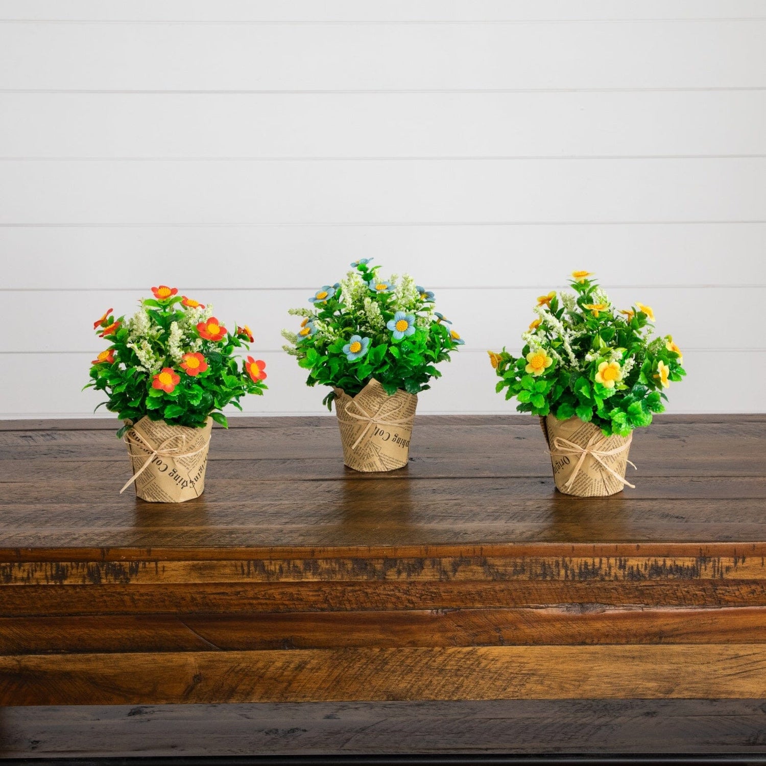 8" Artificial Daisy Plant in Newspaper Wrapped Planter -Set of 3