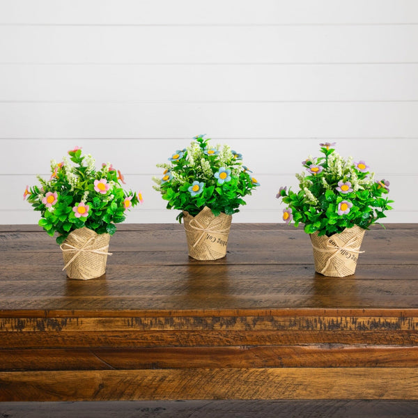 8" Artificial Daisy Plant in Newspaper Wrapped Planter -Set of 3