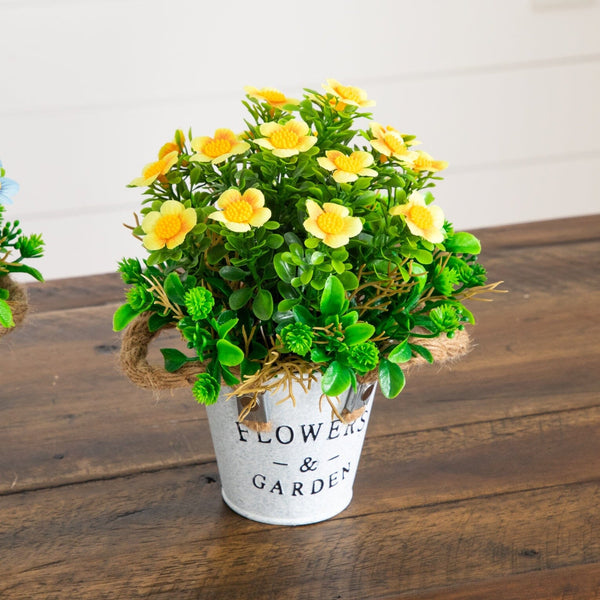 8” Artificial Daisy Plant in Rustic Flowers & Garden Planter -Set of 3