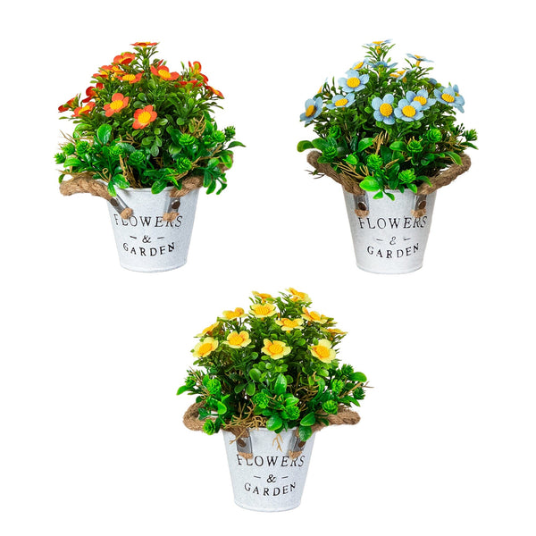 8” Artificial Daisy Plant in Rustic Flowers & Garden Planter -Set of 3