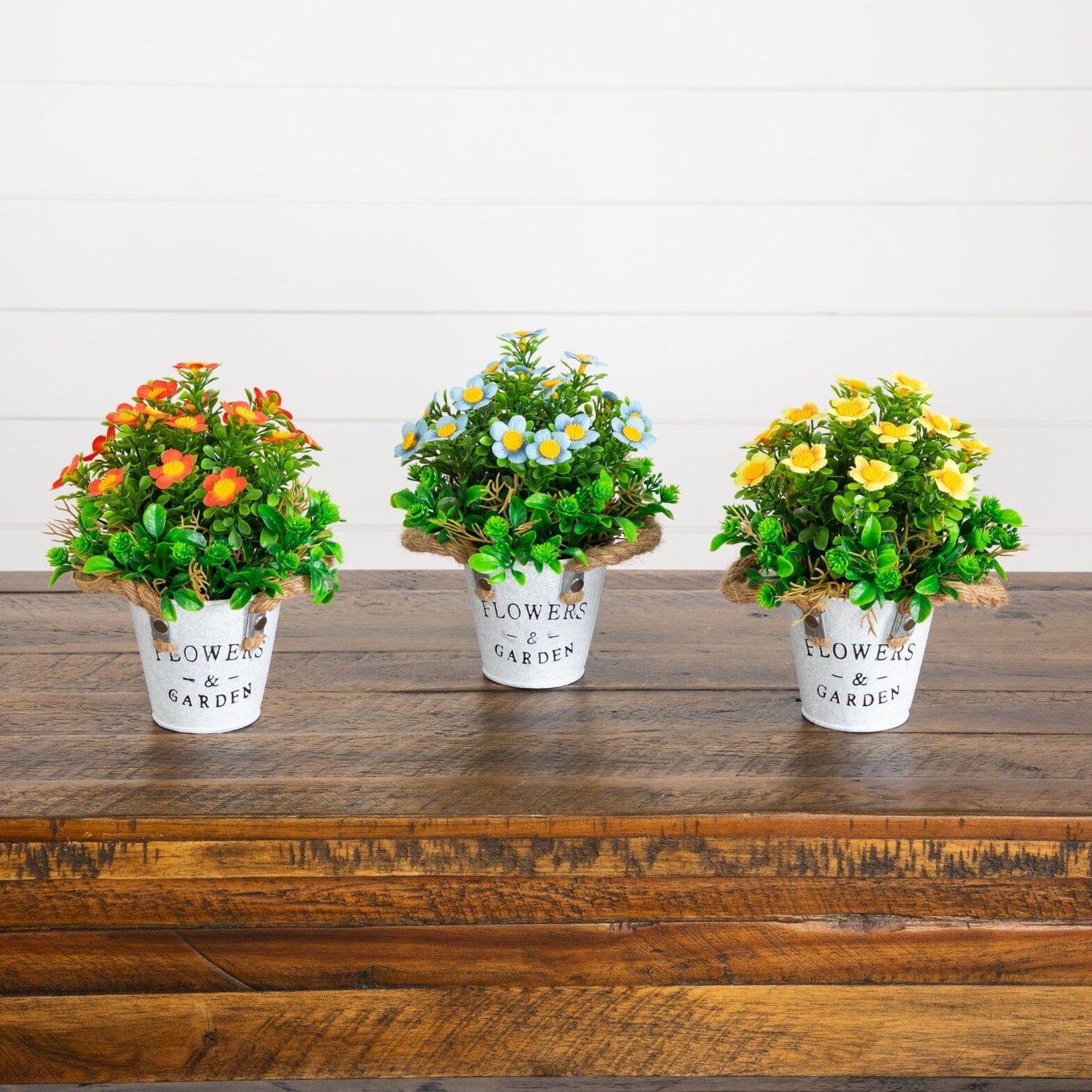 8” Artificial Daisy Plant in Rustic Flowers & Garden Planter -Set of 3