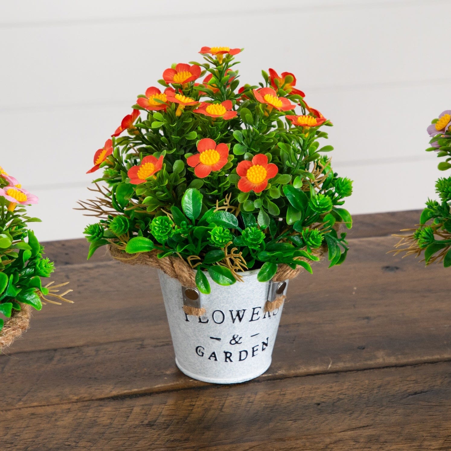 8” Artificial Daisy Plant in Rustic Flowers & Garden Planter -Set of 3
