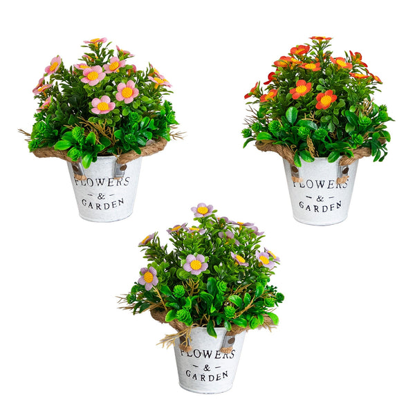 8” Artificial Daisy Plant in Rustic Flowers & Garden Planter -Set of 3