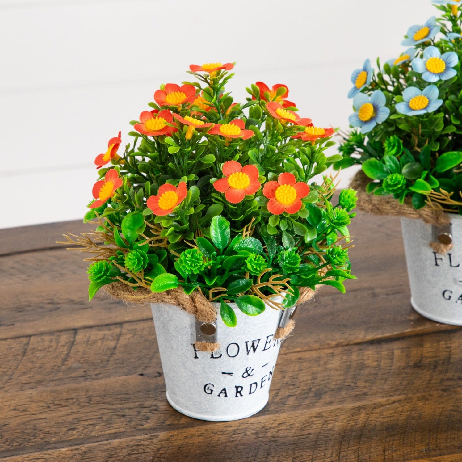 8” Artificial Daisy Plant in Rustic Flowers & Garden Planter -Set of 3