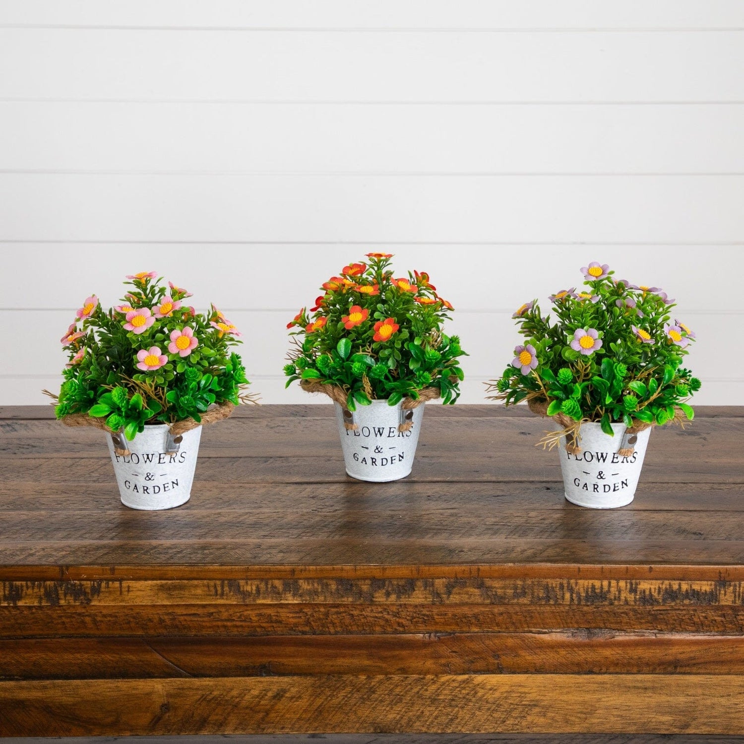 8” Artificial Daisy Plant in Rustic Flowers & Garden Planter -Set of 3