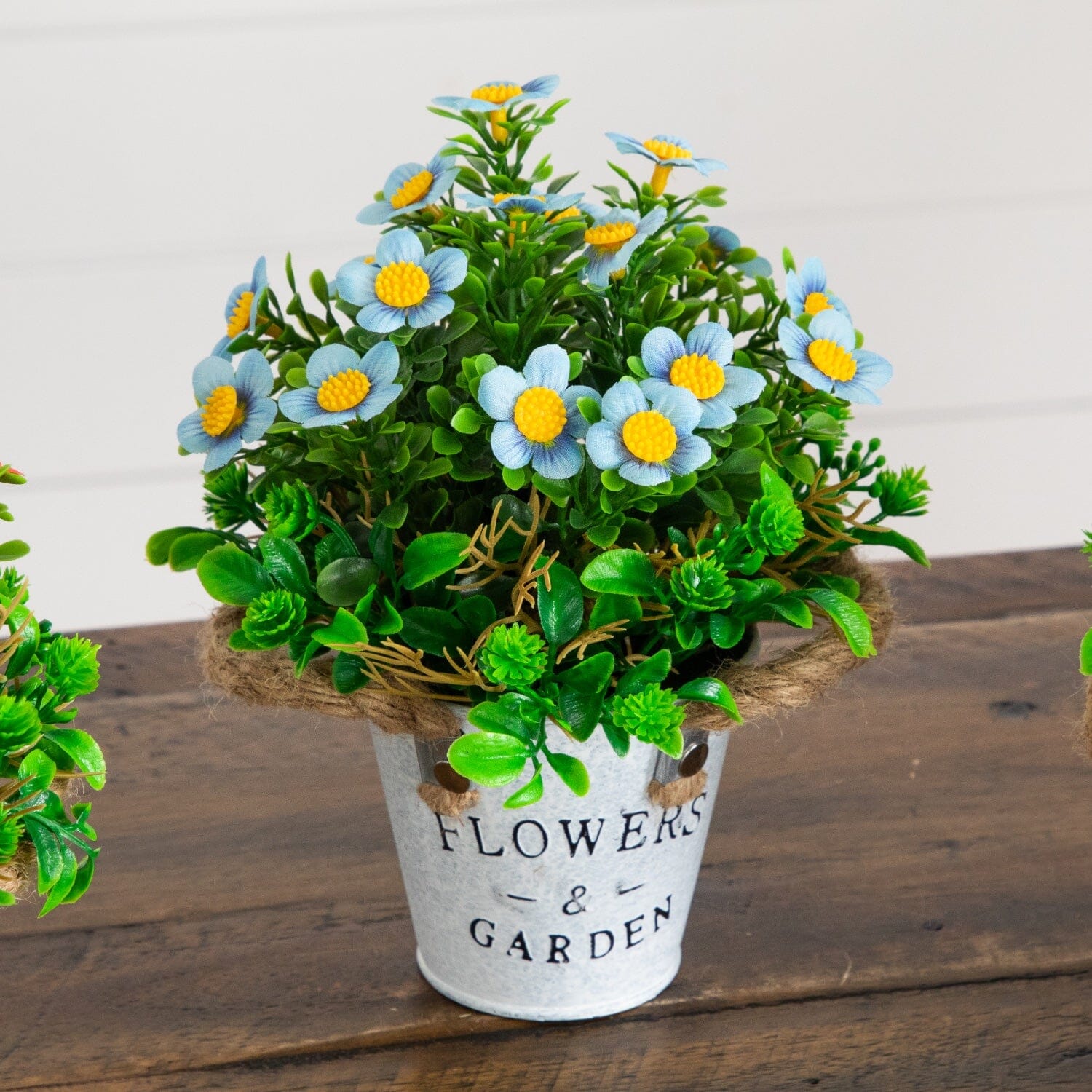 8” Artificial Daisy Plant in Rustic Flowers & Garden Planter -Set of 3