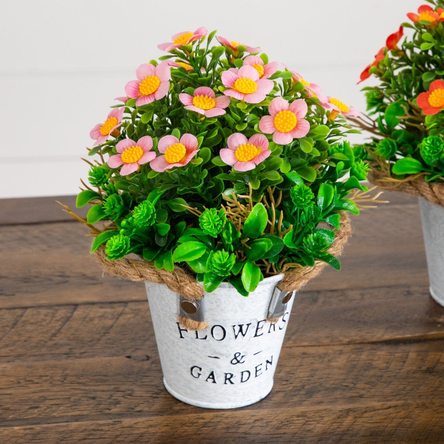 8” Artificial Daisy Plant in Rustic Flowers & Garden Planter -Set of 3