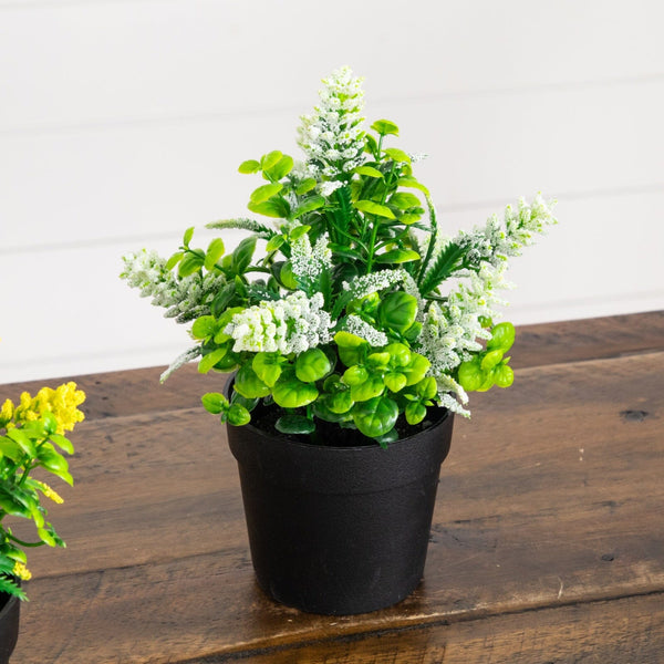 8" Artificial Flowering Arrangement in Black Pot - Set of 3