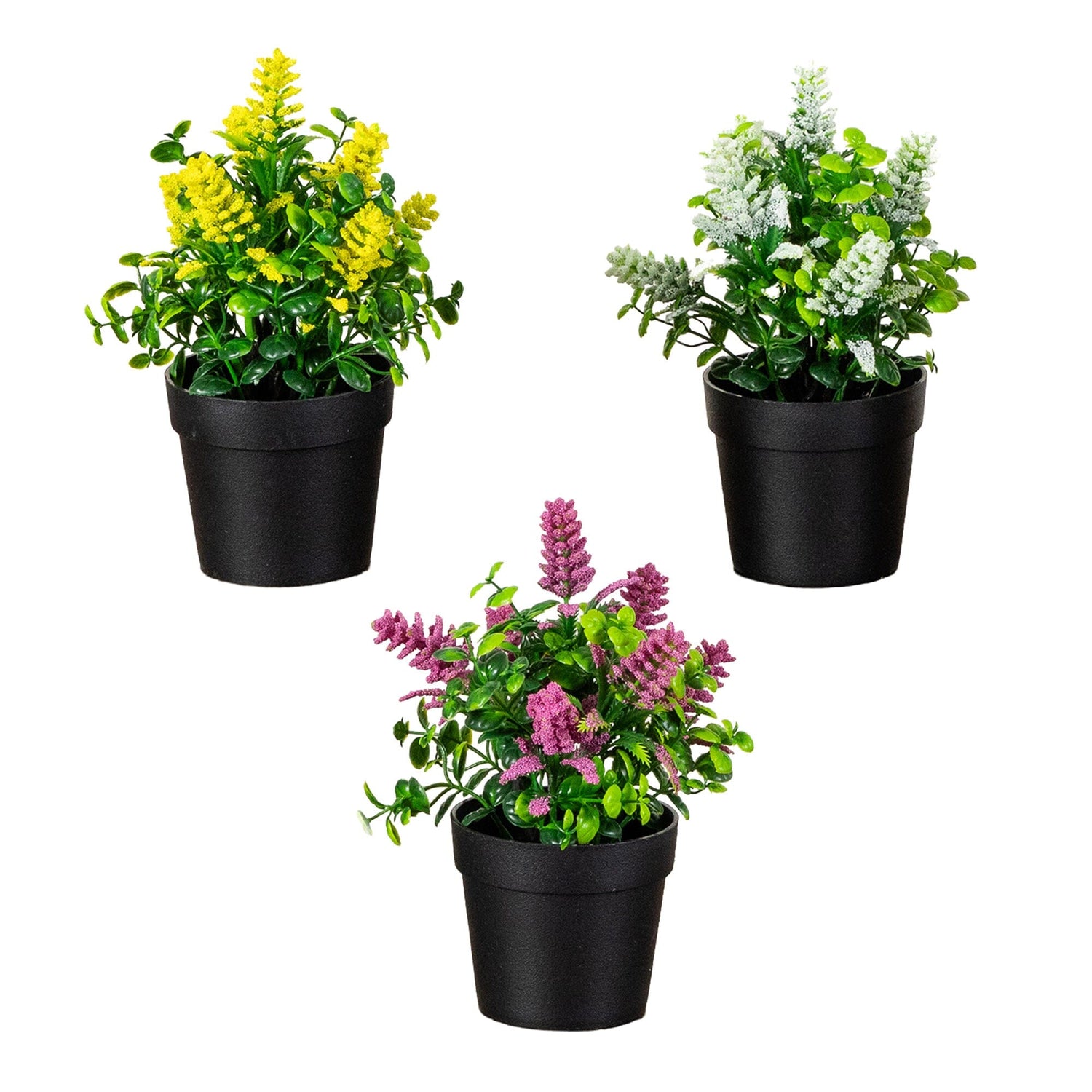 8" Artificial Flowering Arrangement in Black Pot - Set of 3