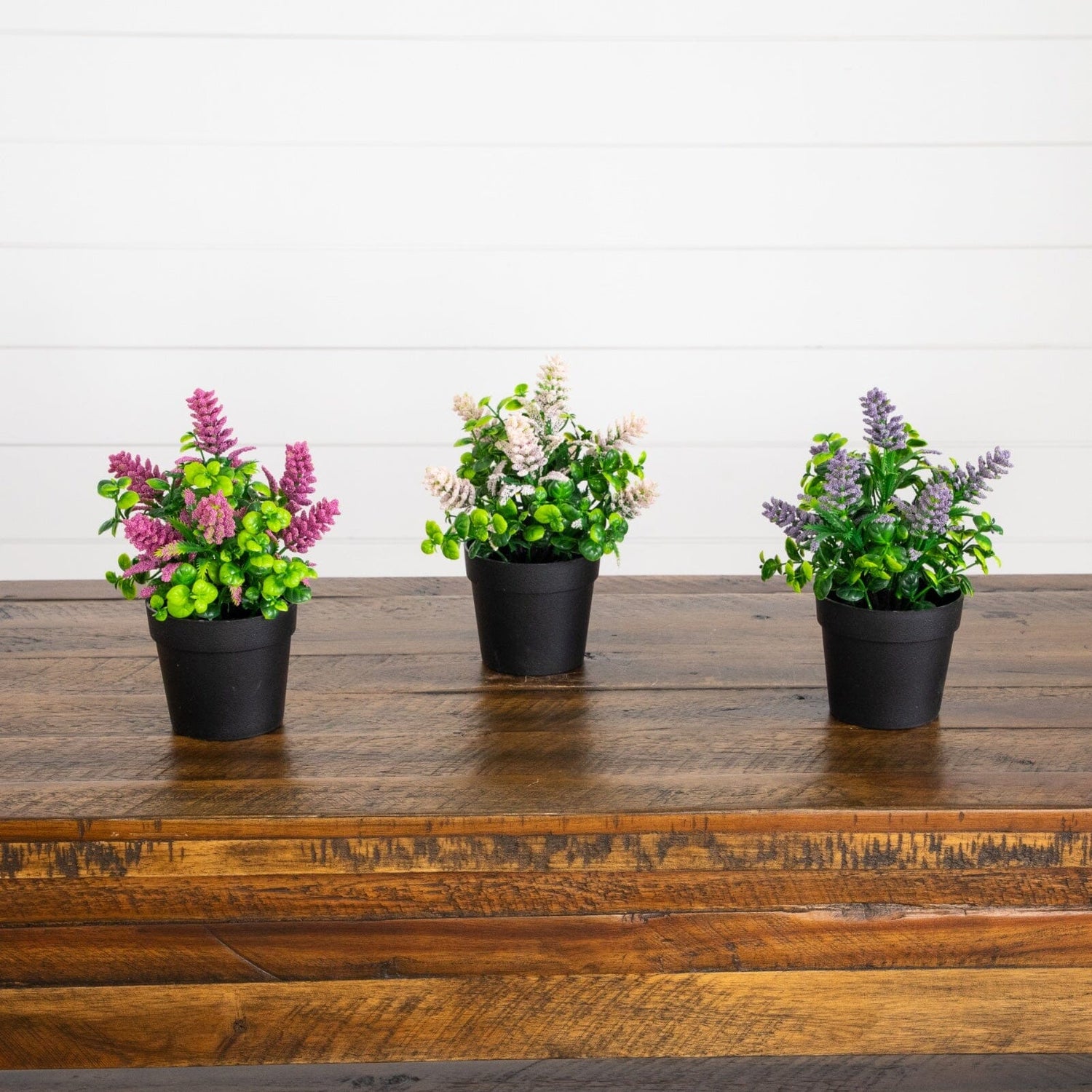 8" Artificial Flowering Arrangement in Black Pot - Set of 3