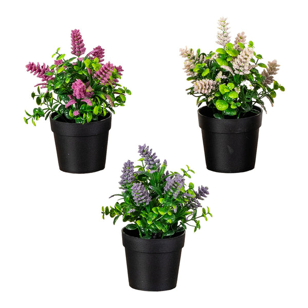 8" Artificial Flowering Arrangement in Black Pot - Set of 3