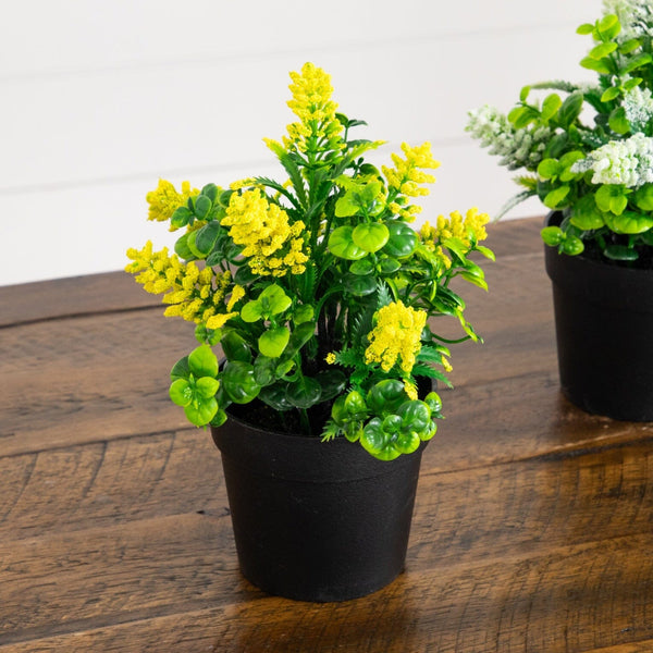 8" Artificial Flowering Arrangement in Black Pot - Set of 3