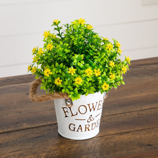 8” Artificial Flowering Mini Daisy Plant in Rustic Flowers & Garden Planter -Set of 3
