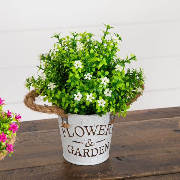 8” Artificial Flowering Mini Daisy Plant in Rustic Flowers & Garden Planter -Set of 3