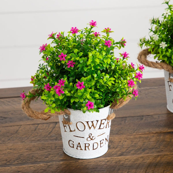 8” Artificial Flowering Mini Daisy Plant in Rustic Flowers & Garden Planter -Set of 3