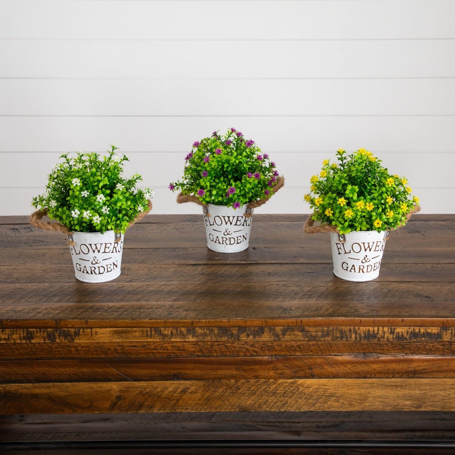 8” Artificial Flowering Mini Daisy Plant in Rustic Flowers & Garden Planter -Set of 3