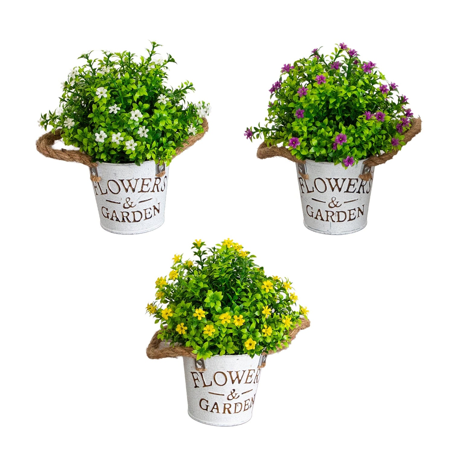 8” Artificial Flowering Mini Daisy Plant in Rustic Flowers & Garden Planter -Set of 3