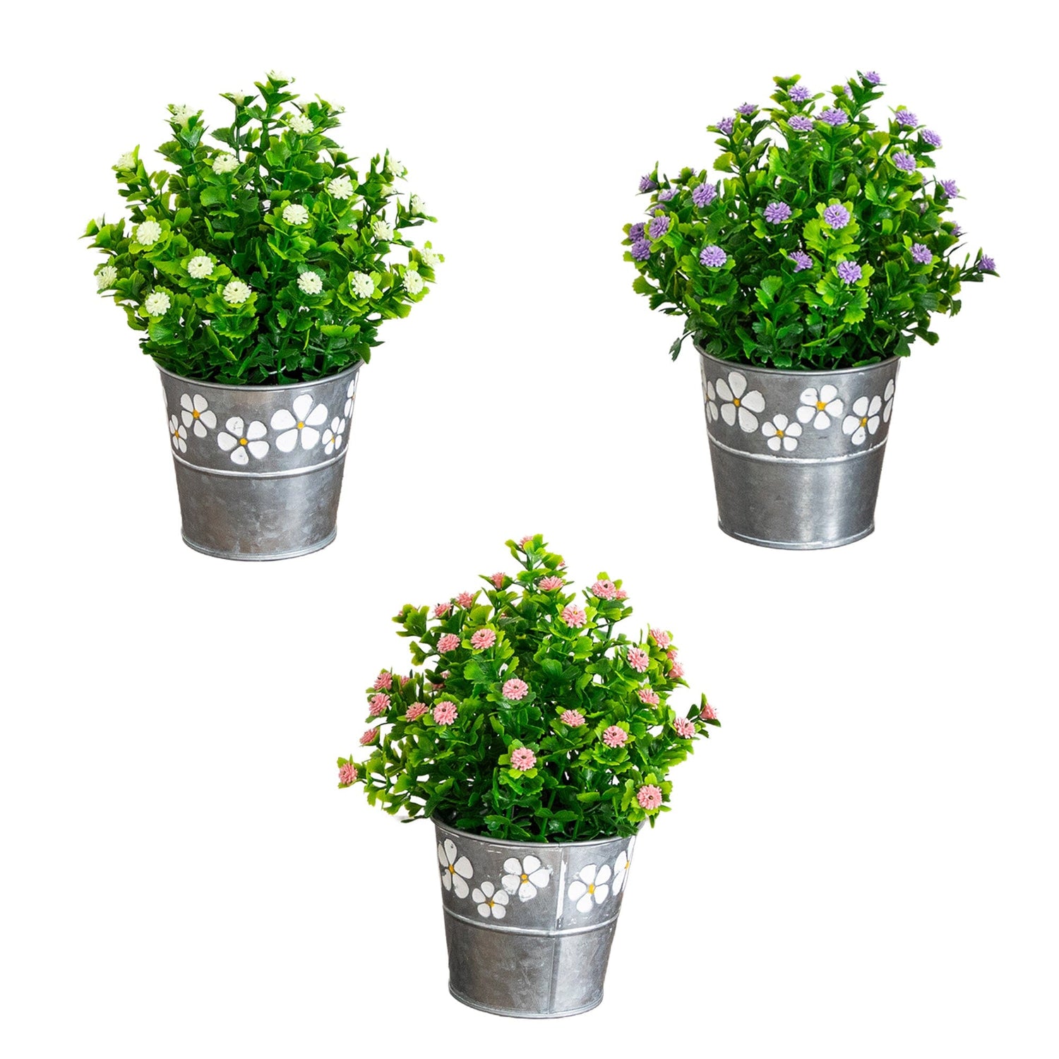 8” Artificial Flowering Plant in Decorative Daisy Tin Planter -Set of 3