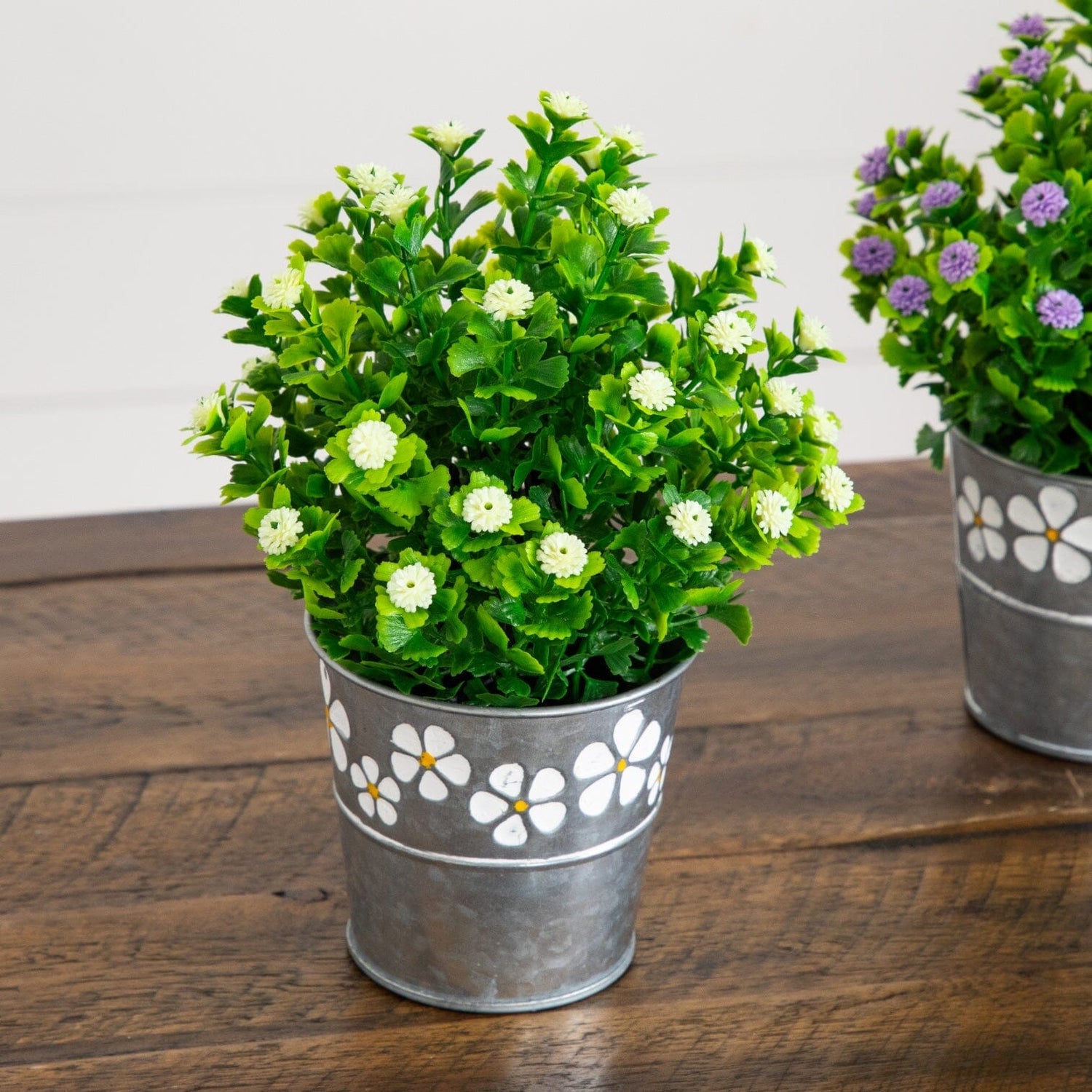 8” Artificial Flowering Plant in Decorative Daisy Tin Planter -Set of 3