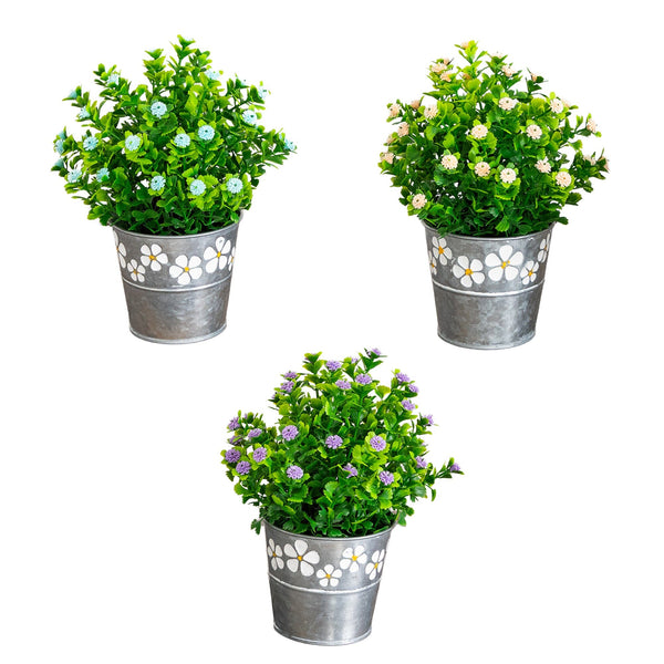 8” Artificial Flowering Plant in Decorative Daisy Tin Planter -Set of 3