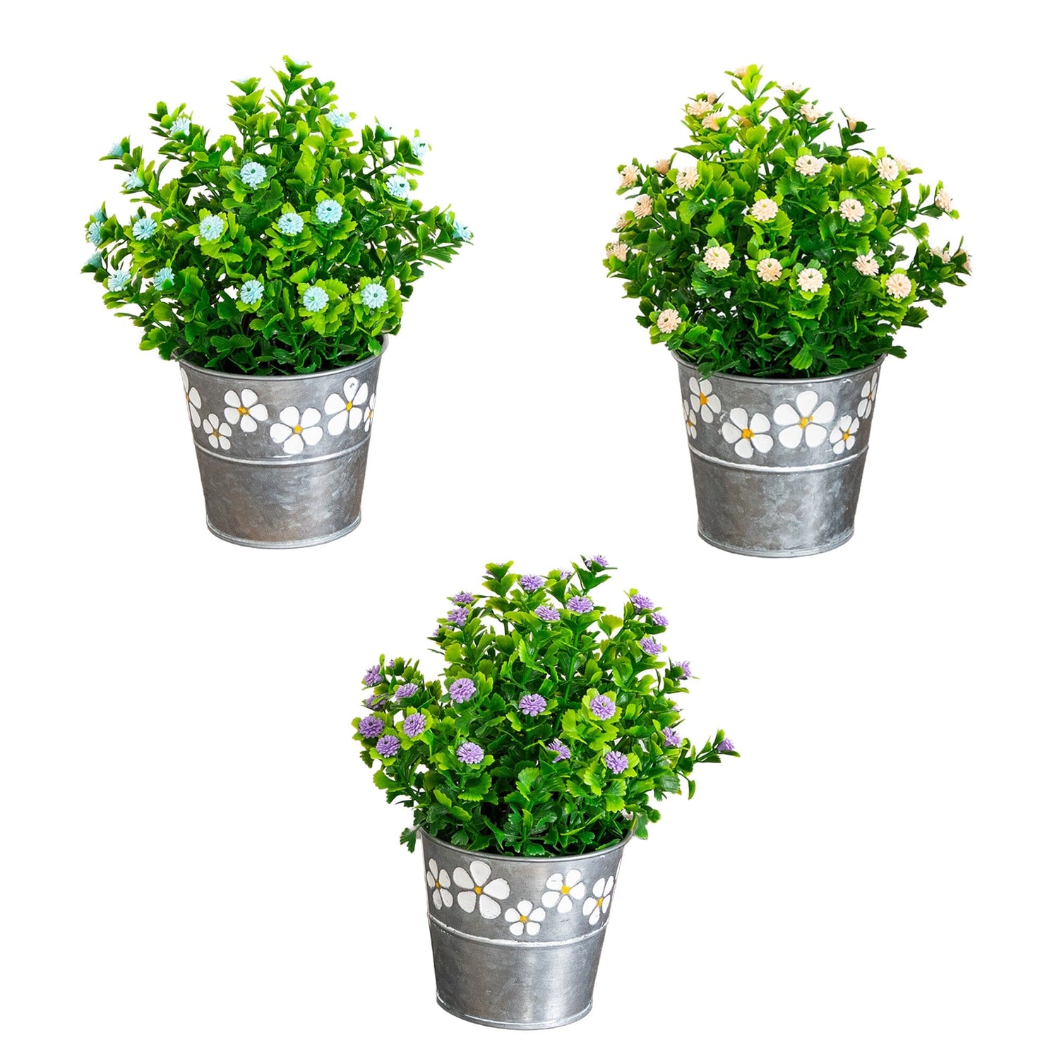 8” Artificial Flowering Plant in Decorative Daisy Tin Planter -Set of 3