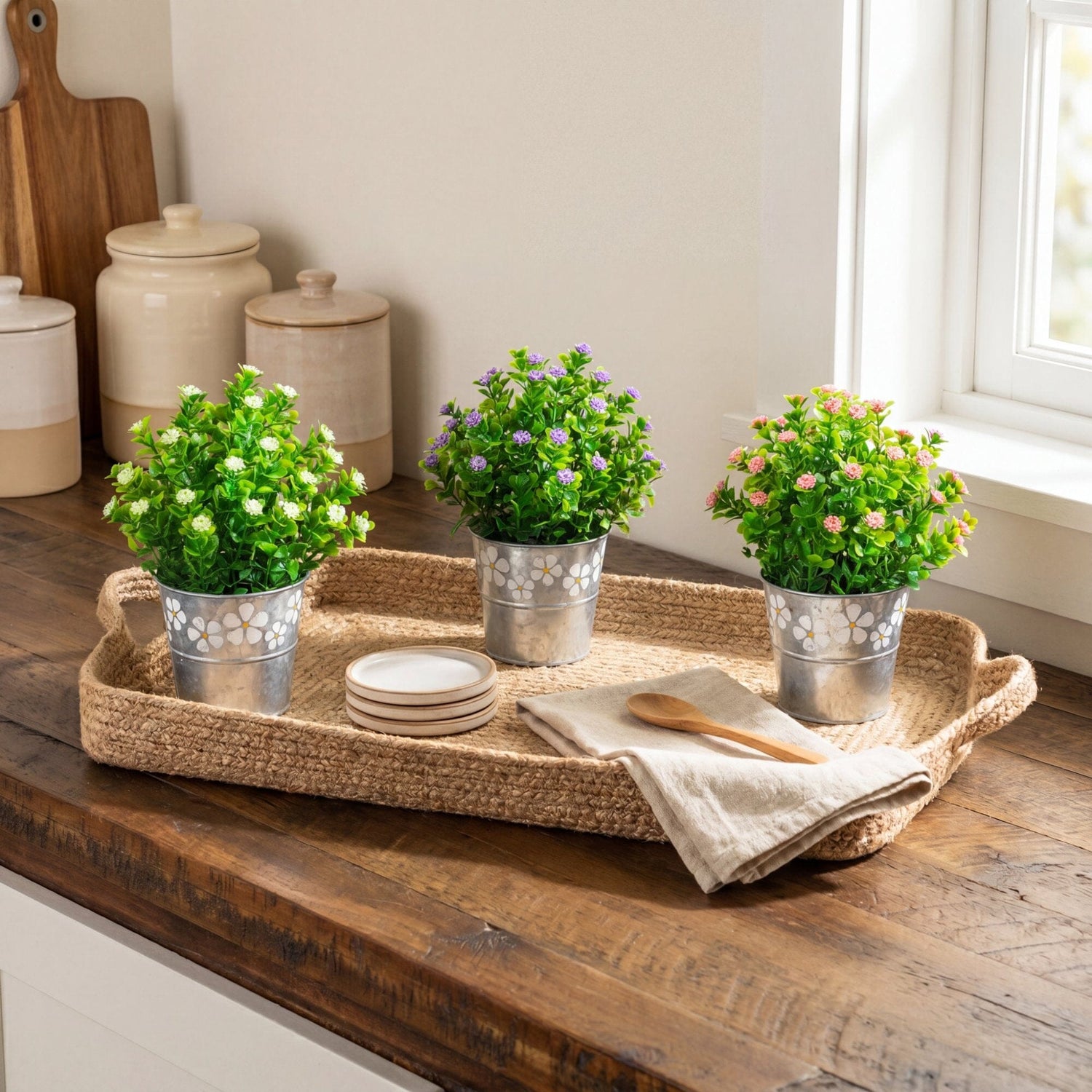 8” Artificial Flowering Plant in Decorative Daisy Tin Planter -Set of 3
