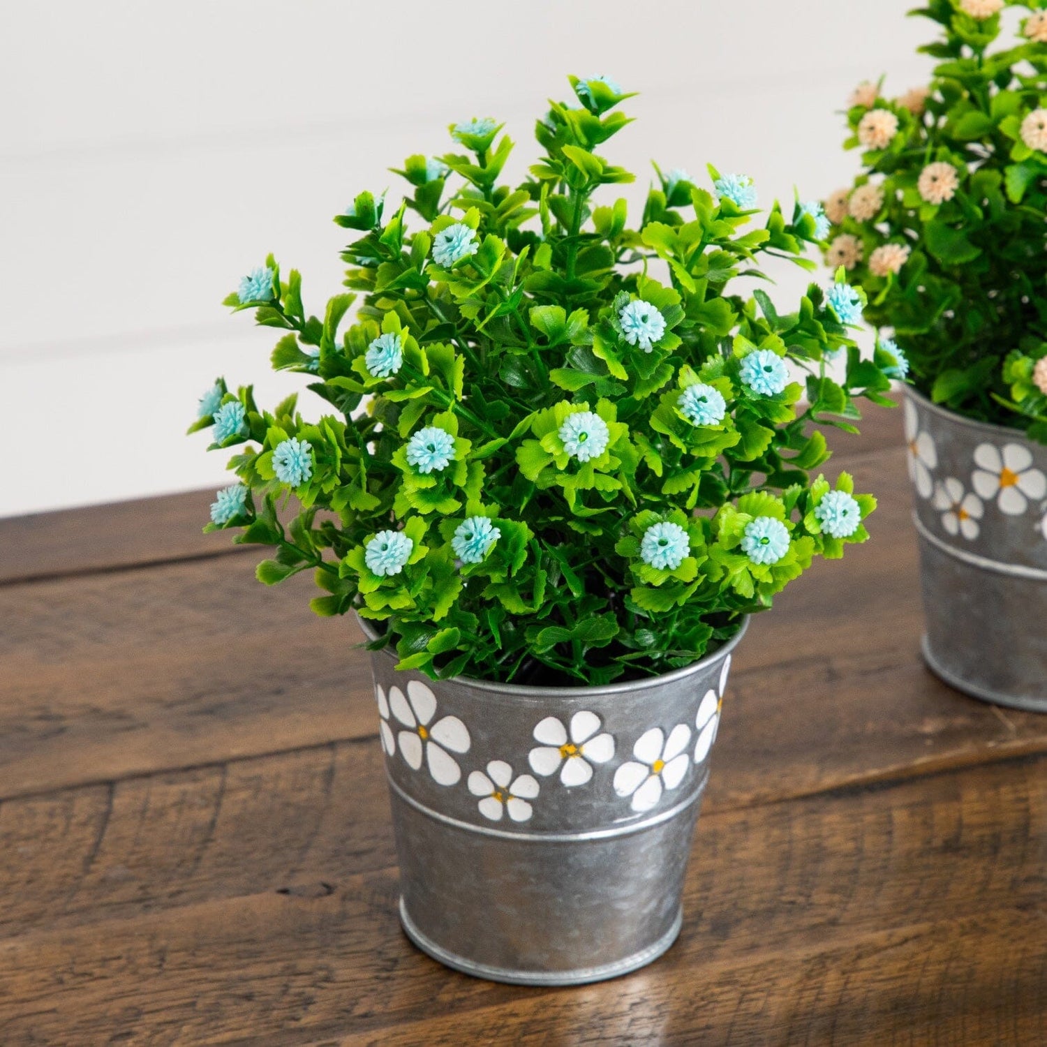 8” Artificial Flowering Plant in Decorative Daisy Tin Planter -Set of 3