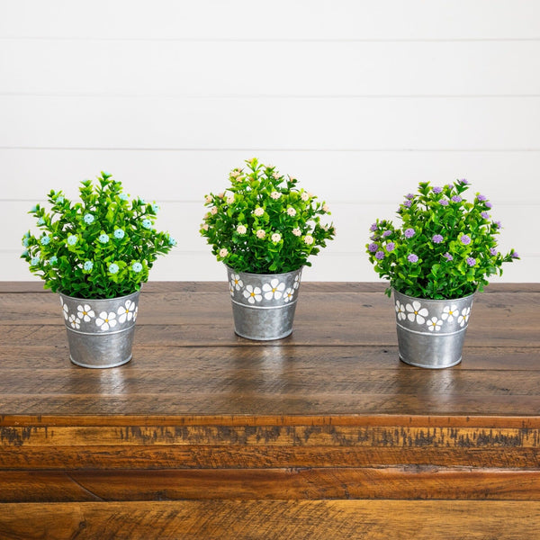 8” Artificial Flowering Plant in Decorative Daisy Tin Planter -Set of 3