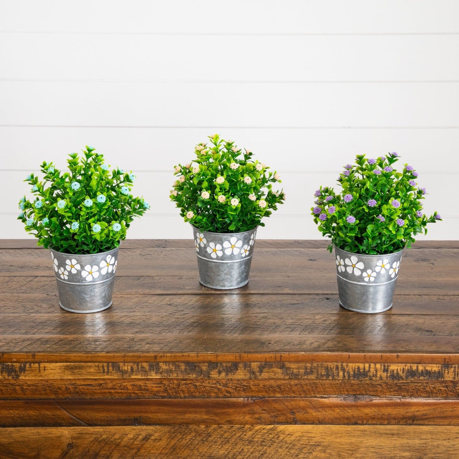 8” Artificial Flowering Plant in Decorative Daisy Tin Planter -Set of 3