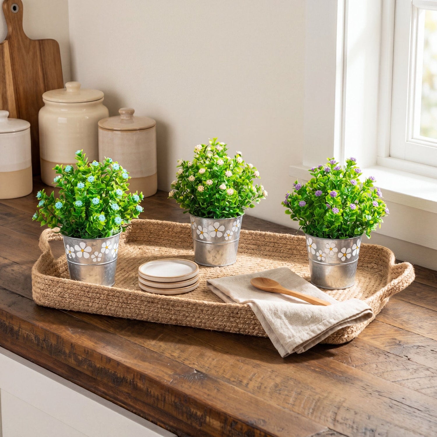 8” Artificial Flowering Plant in Decorative Daisy Tin Planter -Set of 3