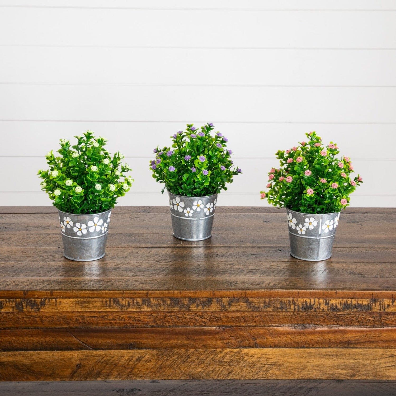 8” Artificial Flowering Plant in Decorative Daisy Tin Planter -Set of 3