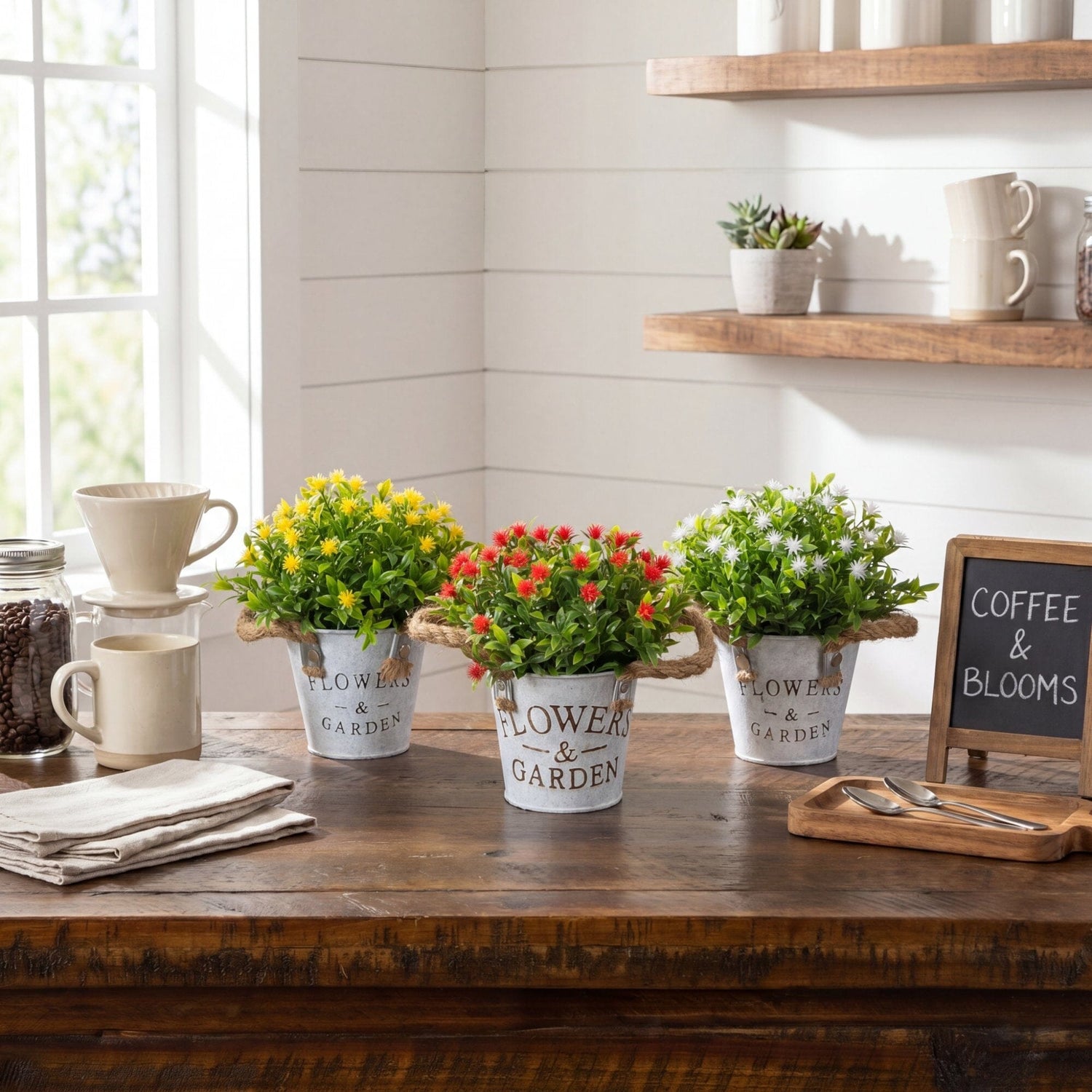 8” Artificial Flowering Plant in Rustic Flowers & Garden Planter -Set of 3