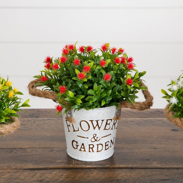8” Artificial Flowering Plant in Rustic Flowers & Garden Planter -Set of 3