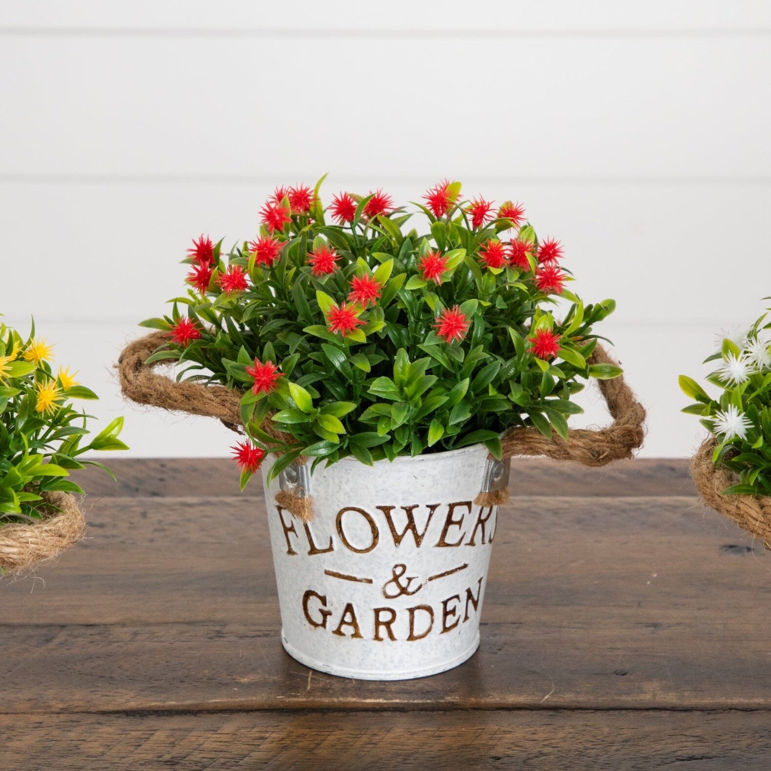8” Artificial Flowering Plant in Rustic Flowers & Garden Planter -Set of 3