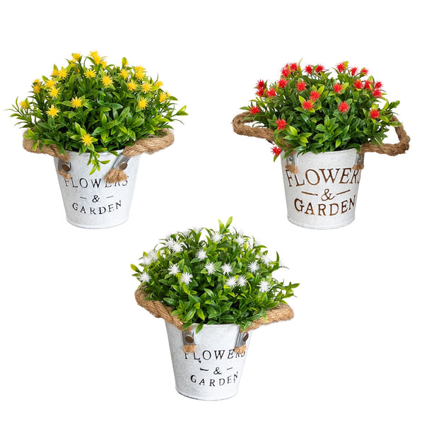 8” Artificial Flowering Plant in Rustic Flowers & Garden Planter -Set of 3