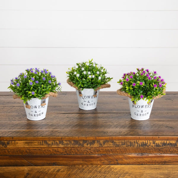 8” Artificial Flowering Plant in Rustic Flowers & Garden Planter -Set of 3