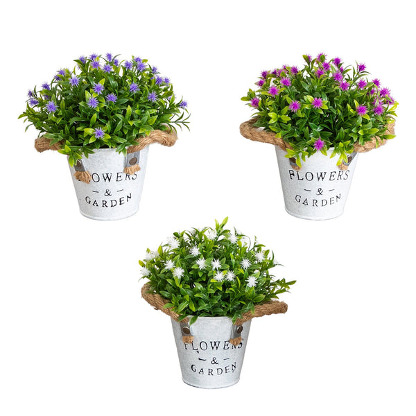 8” Artificial Flowering Plant in Rustic Flowers & Garden Planter -Set of 3