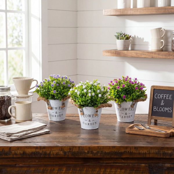 8” Artificial Flowering Plant in Rustic Flowers & Garden Planter -Set of 3