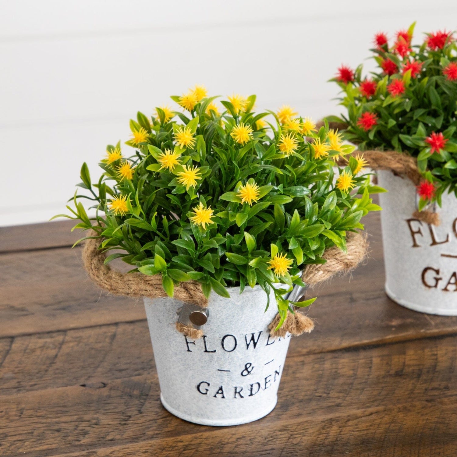 8” Artificial Flowering Plant in Rustic Flowers & Garden Planter -Set of 3