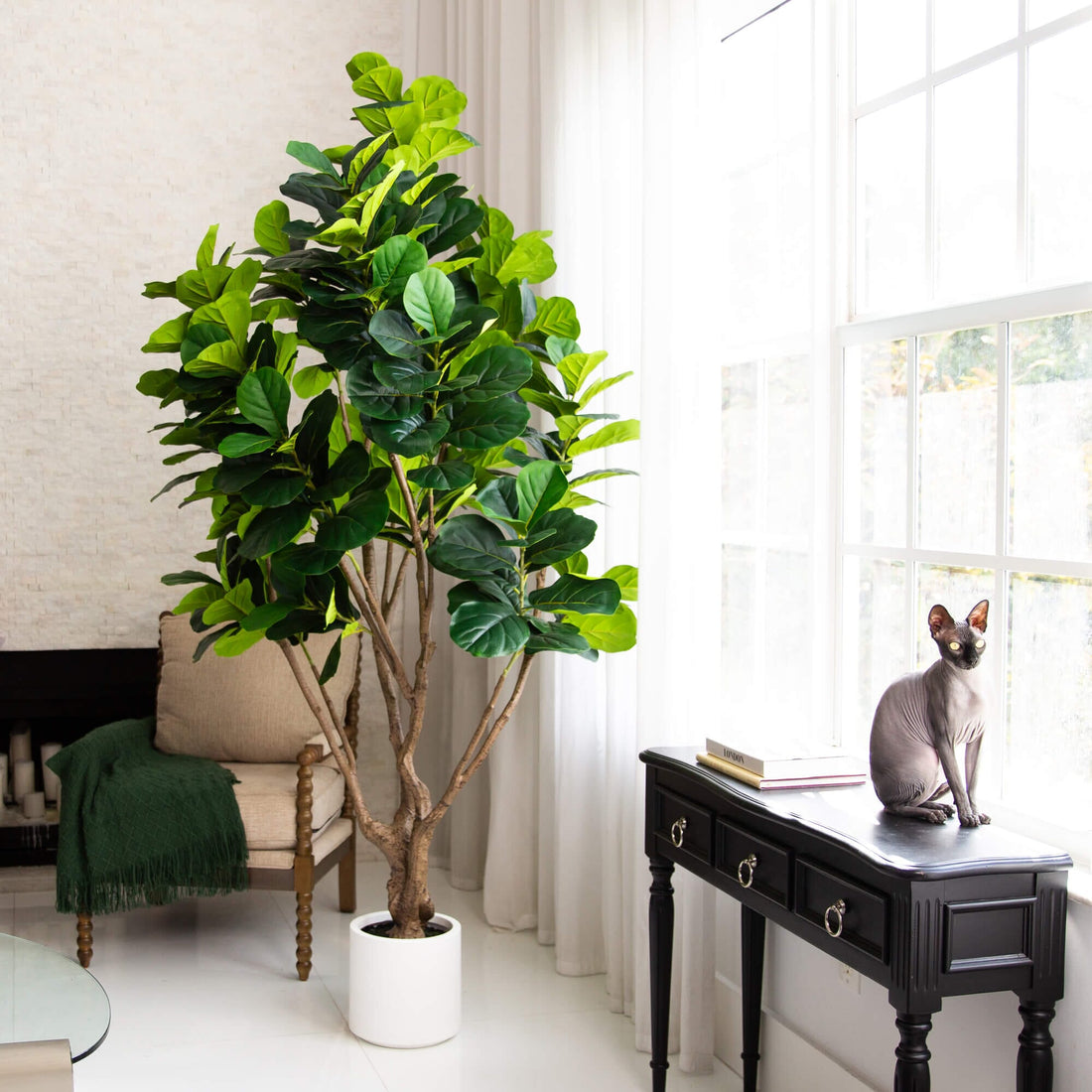 grand faux fiddle leaf fig tree 8' Artificial Grand Fiddle Leaf Tree in White Decorative Planter