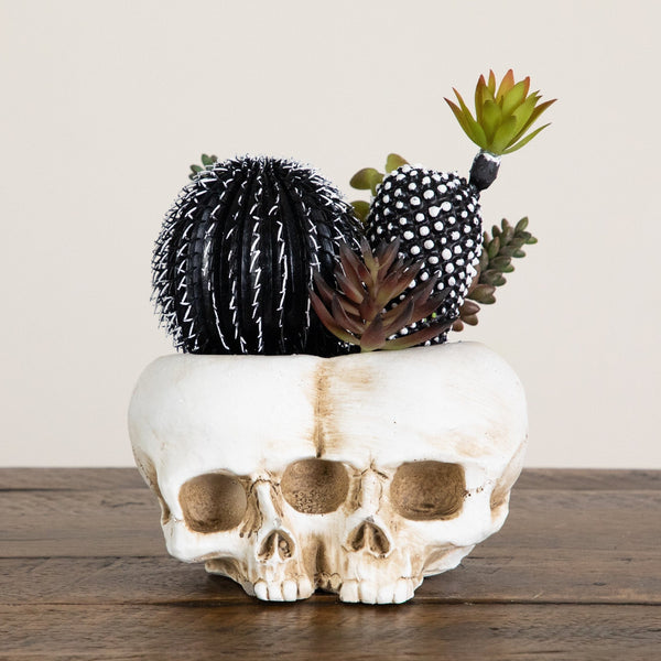 8” Artificial Halloween Succulent Garden in Double Skull Planter