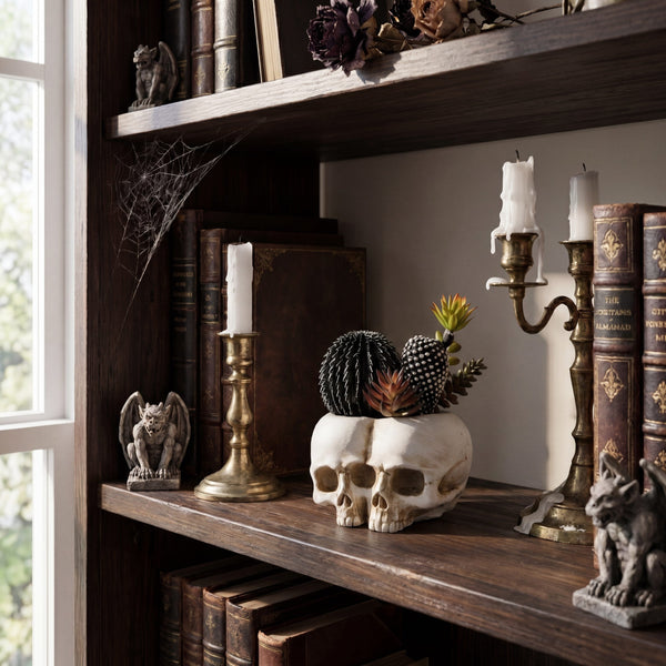 8” Artificial Halloween Succulent Garden in Double Skull Planter