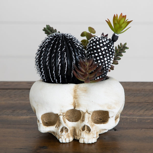 8” Artificial Halloween Succulent Garden in Double Skull Planter